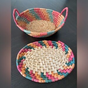 VTG Multi-Color Pastel Hand Woven Seagrass Coil Oval Basket & Dish Tray Plate